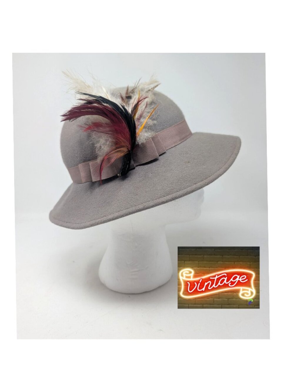Vintage Lancaster Wool Cloche Hat Gray Feather 70s